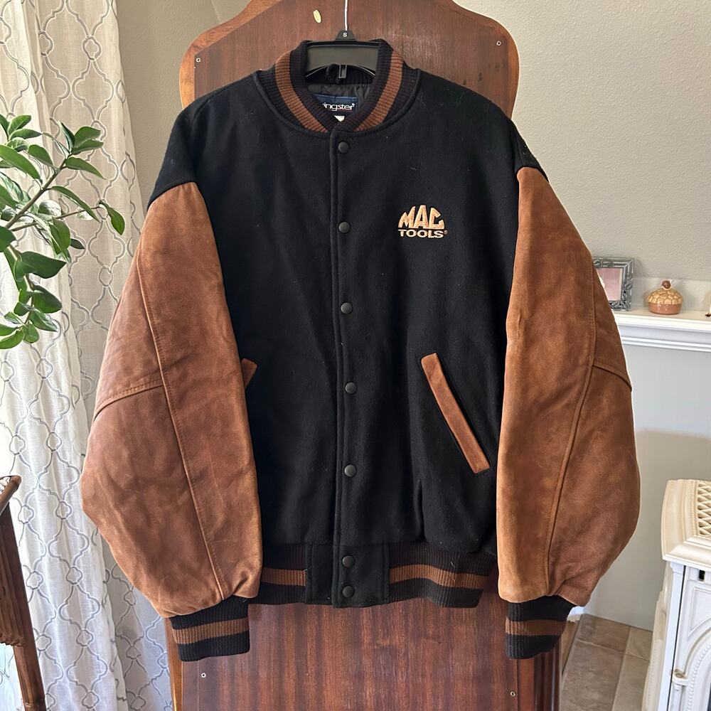 Vintage Swingster Med Mac Tools varsity jacket black wool brown leather sleeves